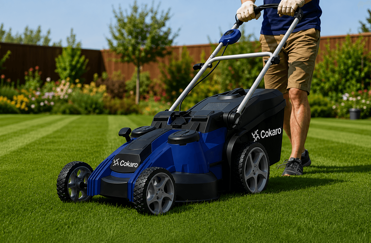 Lawn mower in use on a landscaped yard